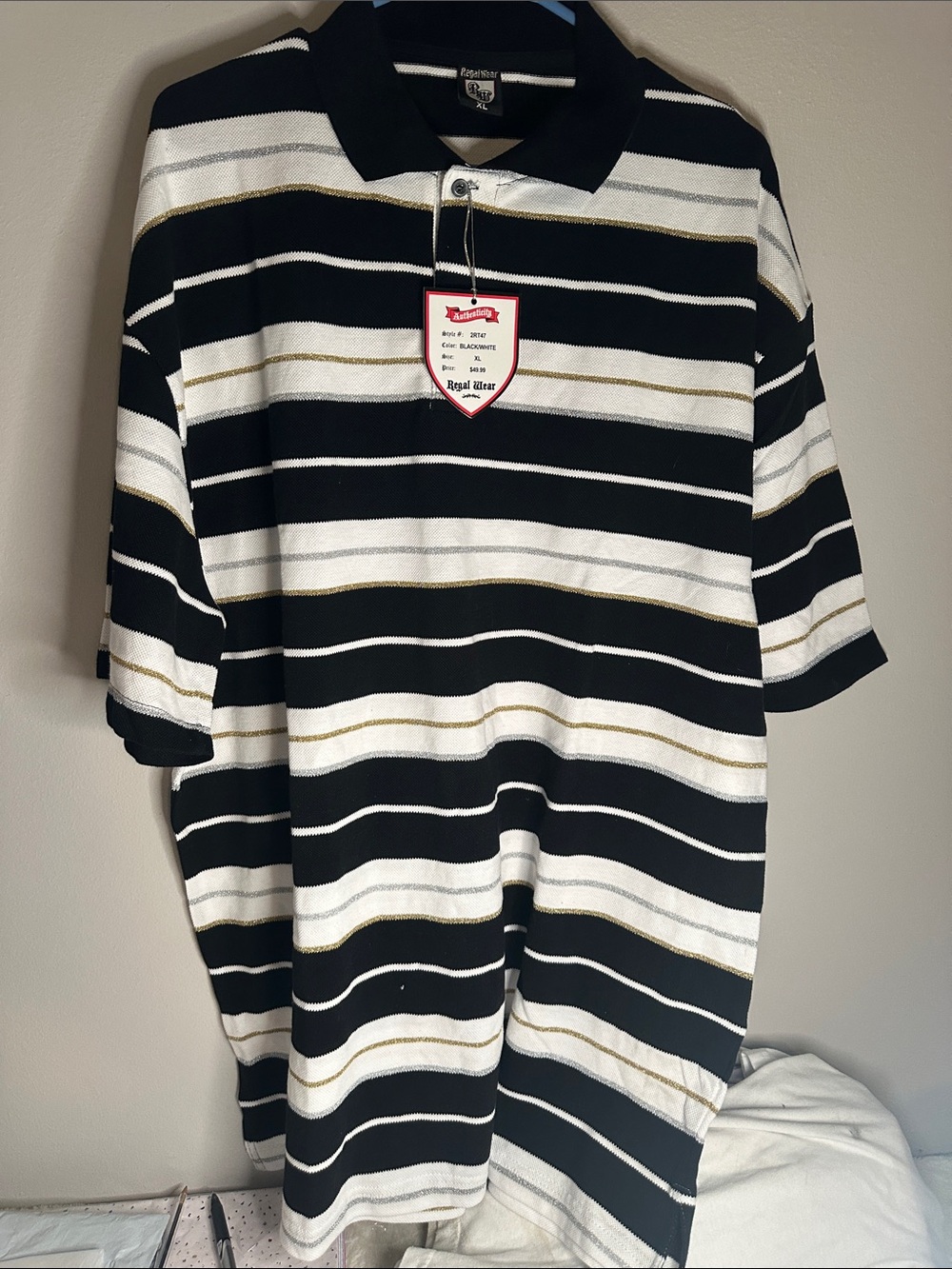 Men's Striped Polo Shirt - Black & White with Gold Trim